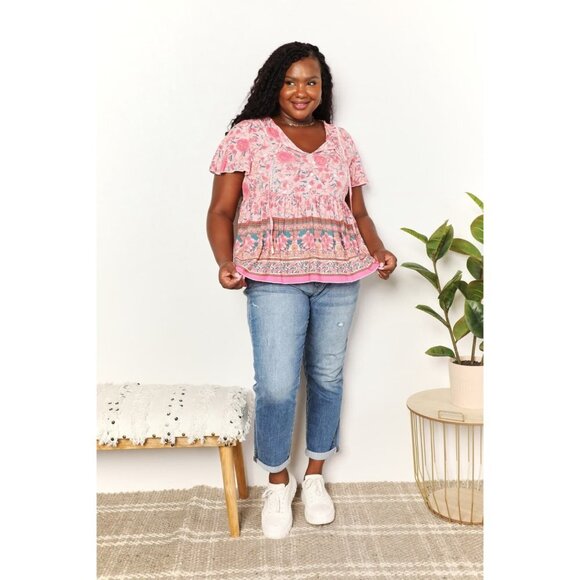 Double Take Bohemian Decorative Button Tie-Neck Peplum Blouse - Picture 5 of 14